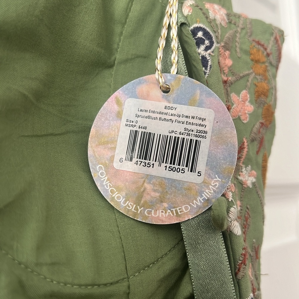 NWT EDDY Lauren embroidered lace up dress w/fringe spruce blush butterfly floral - Picture 8 of 8